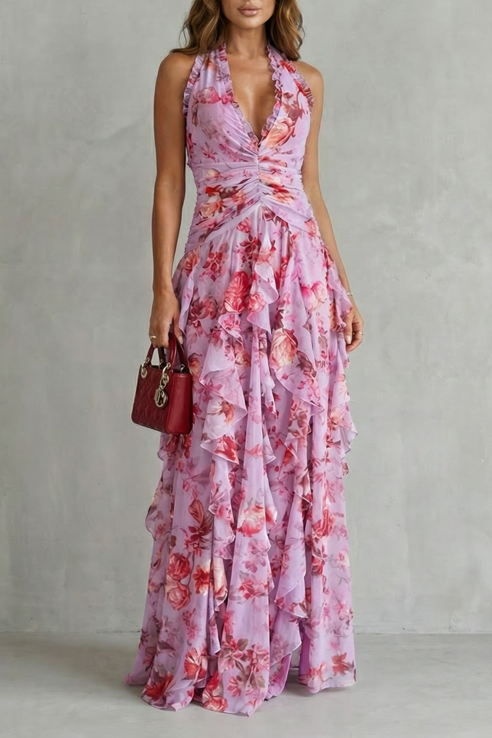 Bella - Romantic Rose Halter Maxi Dress
