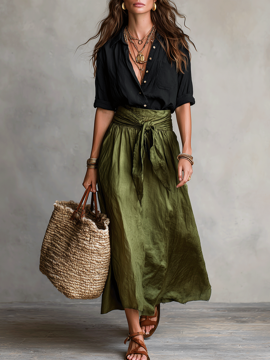 Aeris - Elegant Boho Blouse and Satin Skirt Set