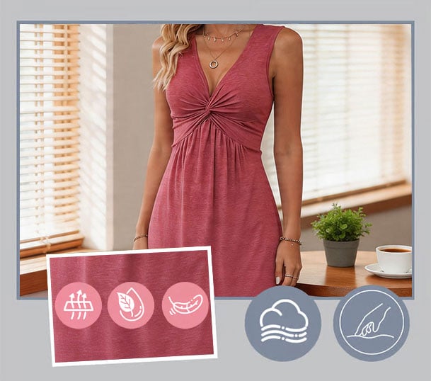 Quenby - Deep V-Neck Knot Waist A-Line Dress