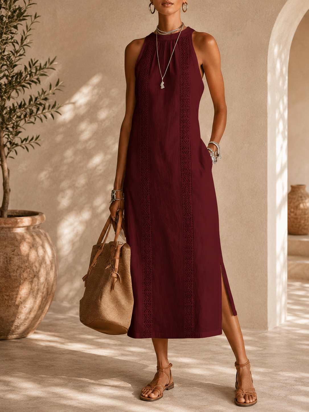 Jemima - Sleeveless Midi Dress with Stand Collar