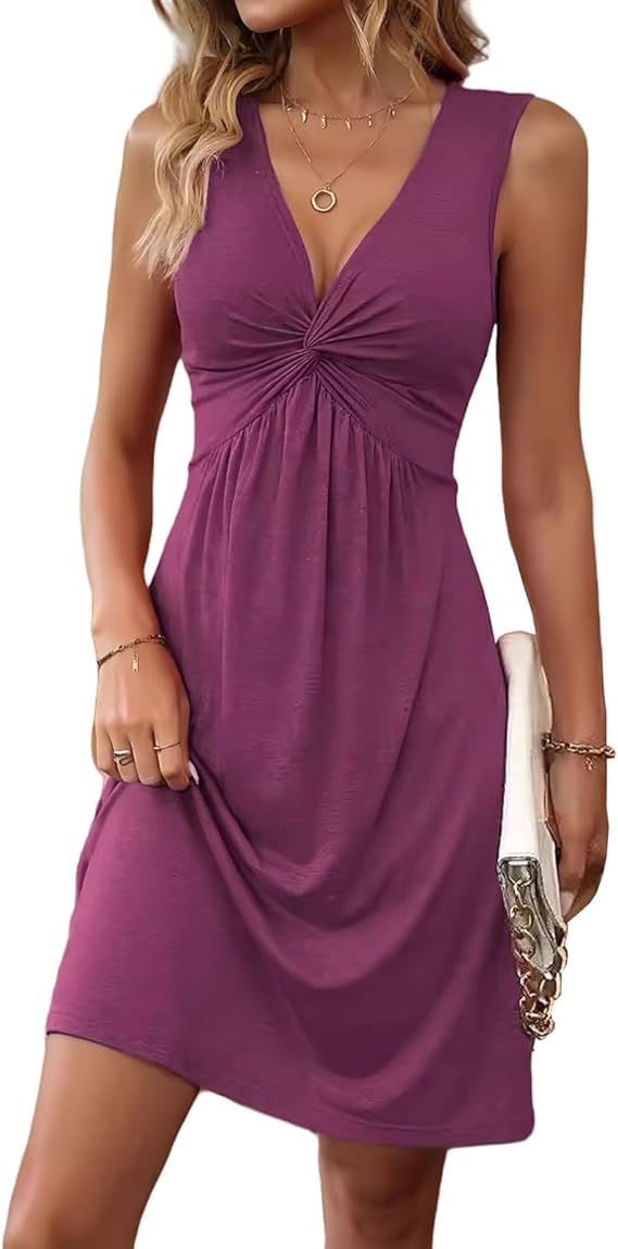Quenby - Deep V-Neck Knot Waist A-Line Dress