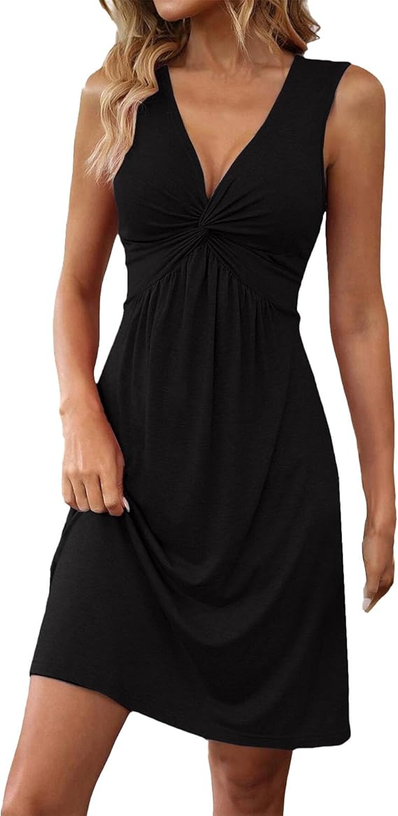 Quenby - Deep V-Neck Knot Waist A-Line Dress