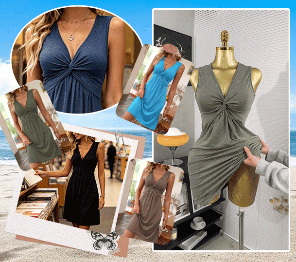Quenby - Deep V-Neck Knot Waist A-Line Dress