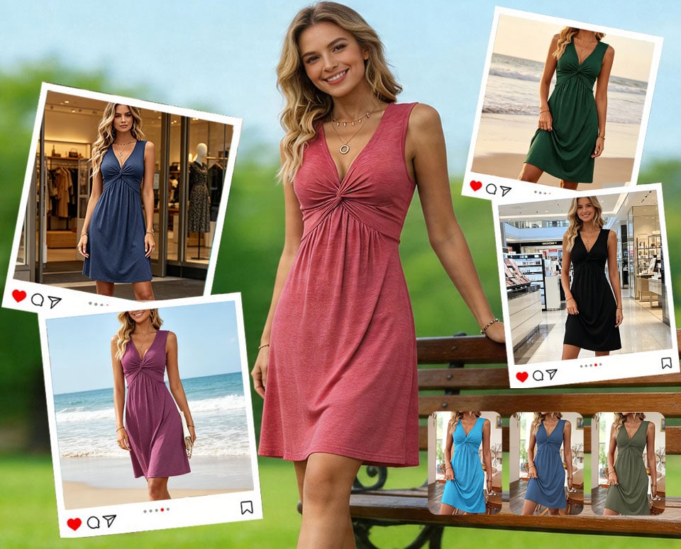 Quenby - Deep V-Neck Knot Waist A-Line Dress