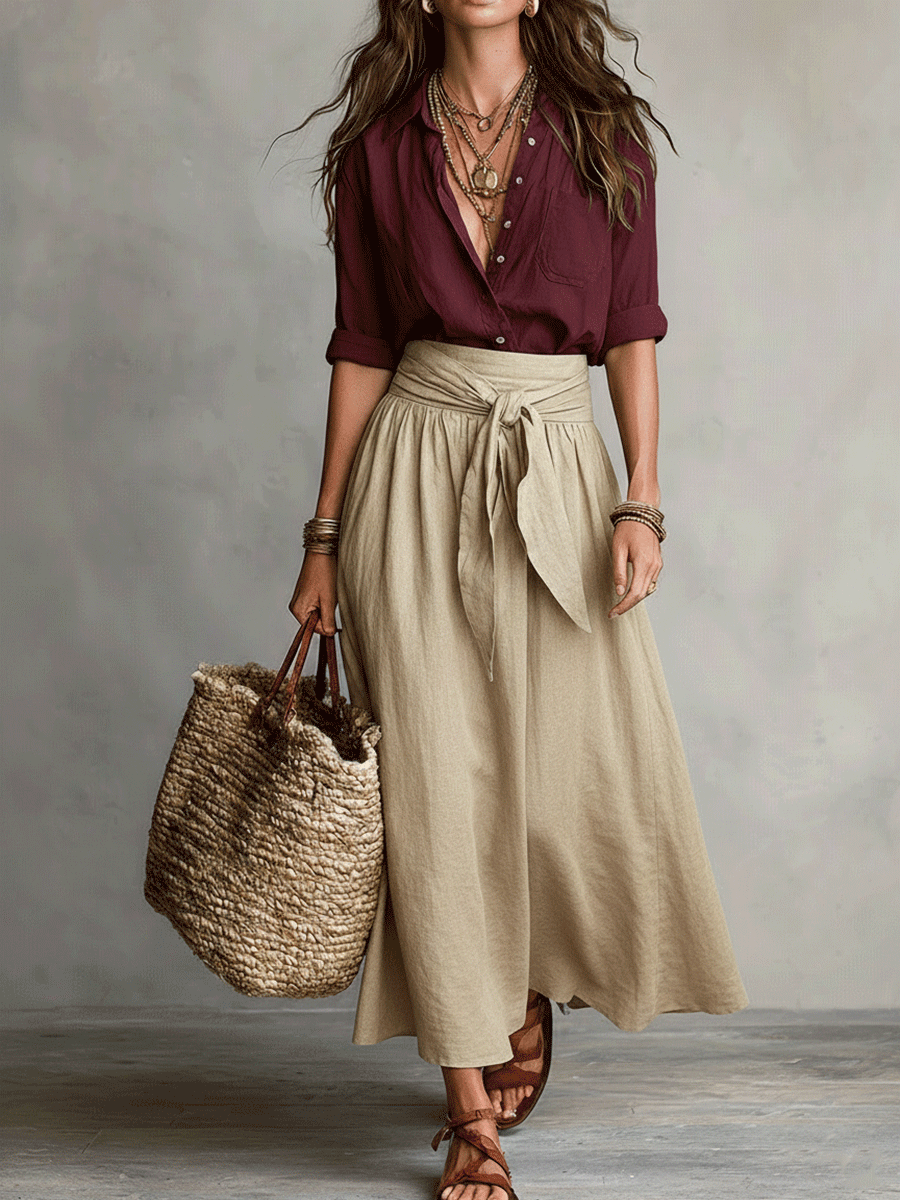 Aeris - Elegant Boho Blouse and Satin Skirt Set