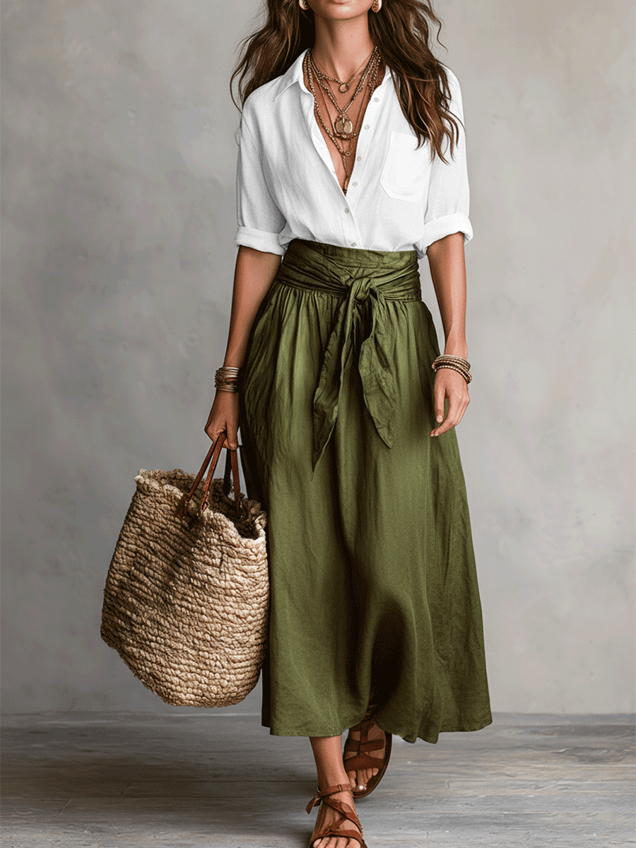 Aeris - Elegant Boho Blouse and Satin Skirt Set