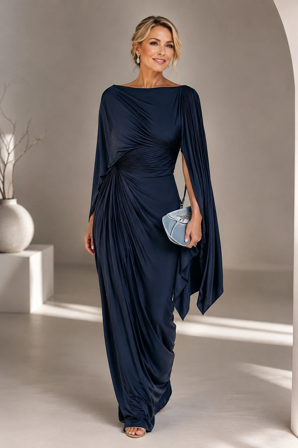 Romina - Pleated Cape Sleeve Maxi Dress