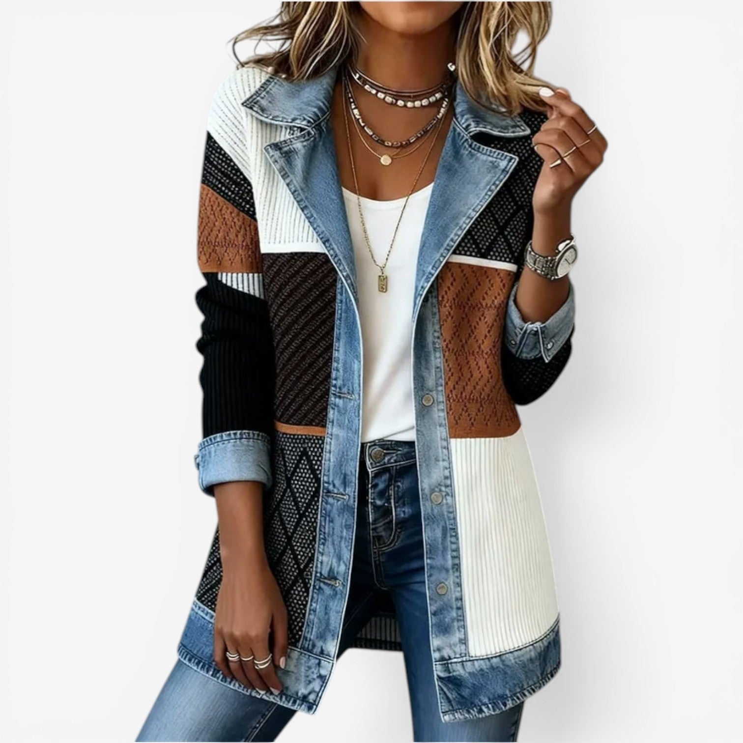 Tara - Modern Layered Denim Knit Jacket