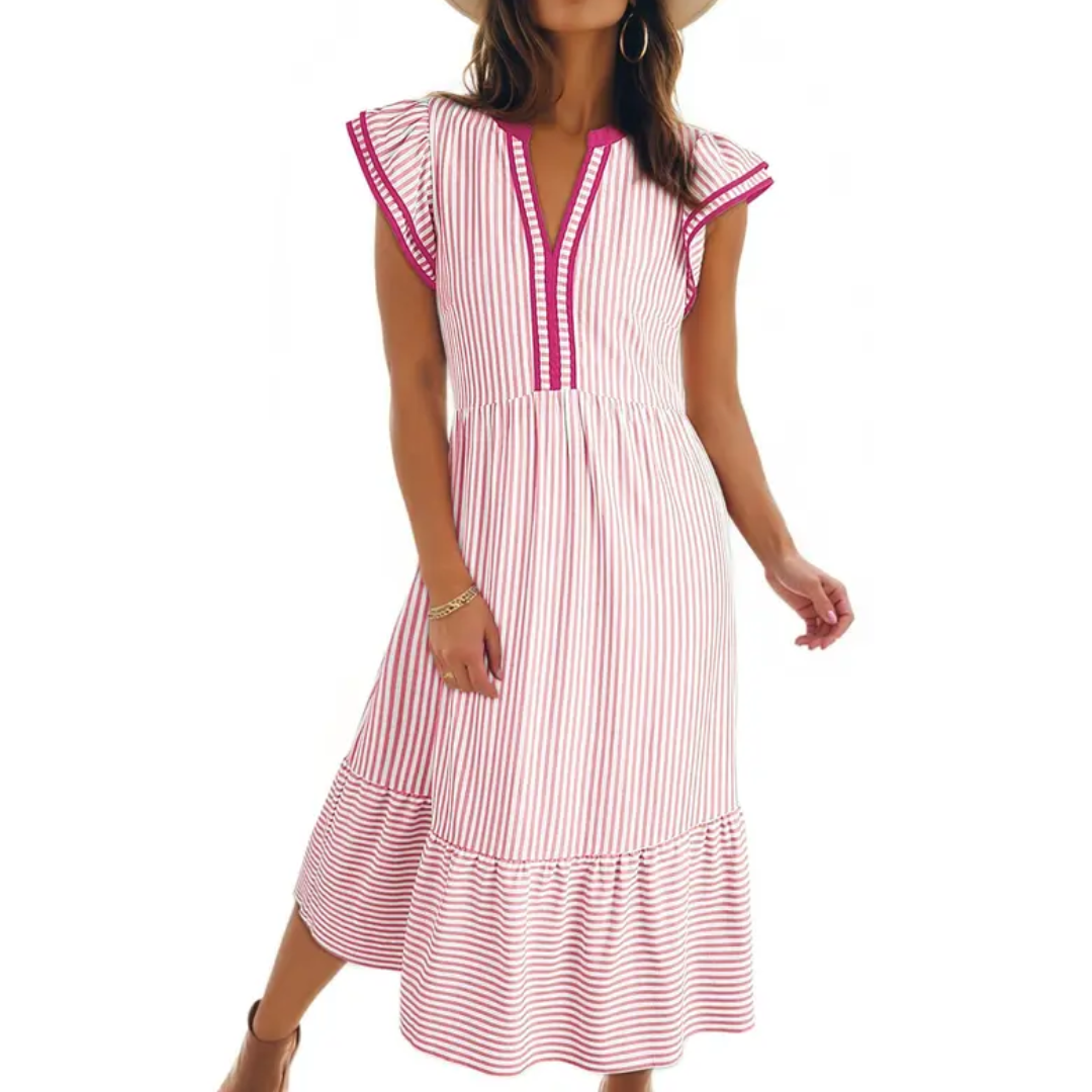 Illyria – Striped Ruffle Sleeve Midi Dress