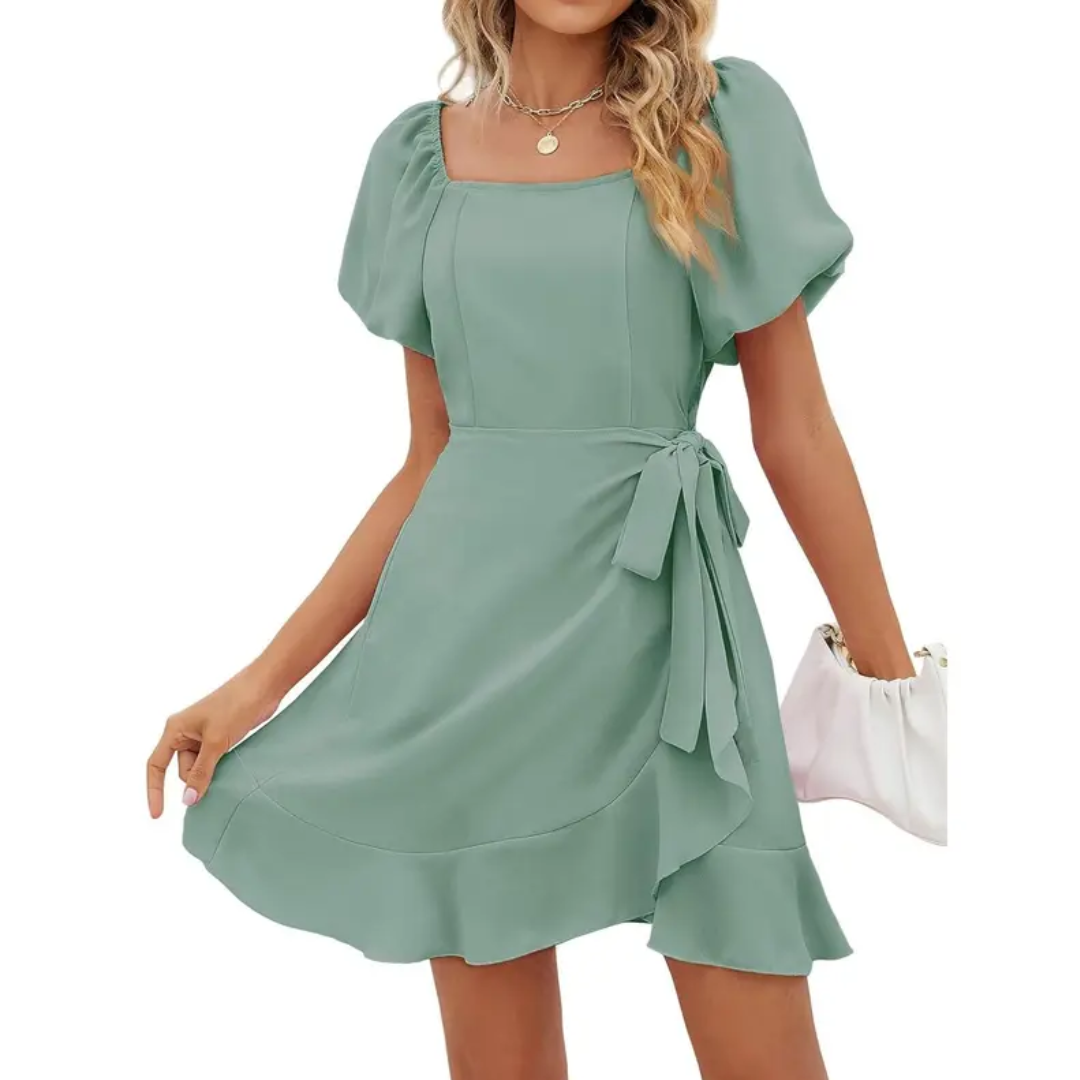 Cressida – Square Neck Puff Sleeve Tie Waist Summer Dress