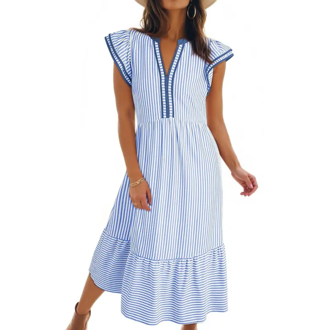 Illyria – Striped Ruffle Sleeve Midi Dress