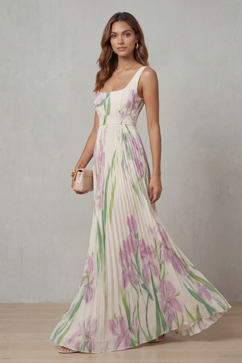 Vivien - Watercolour Floral Pleated Maxi Dress