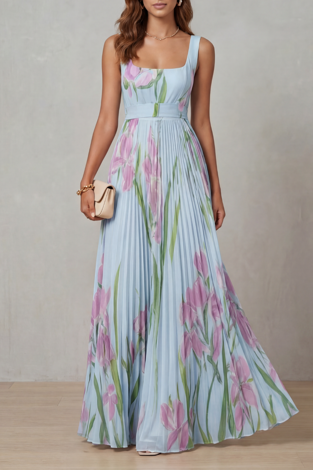 Vivien - Watercolour Floral Pleated Maxi Dress