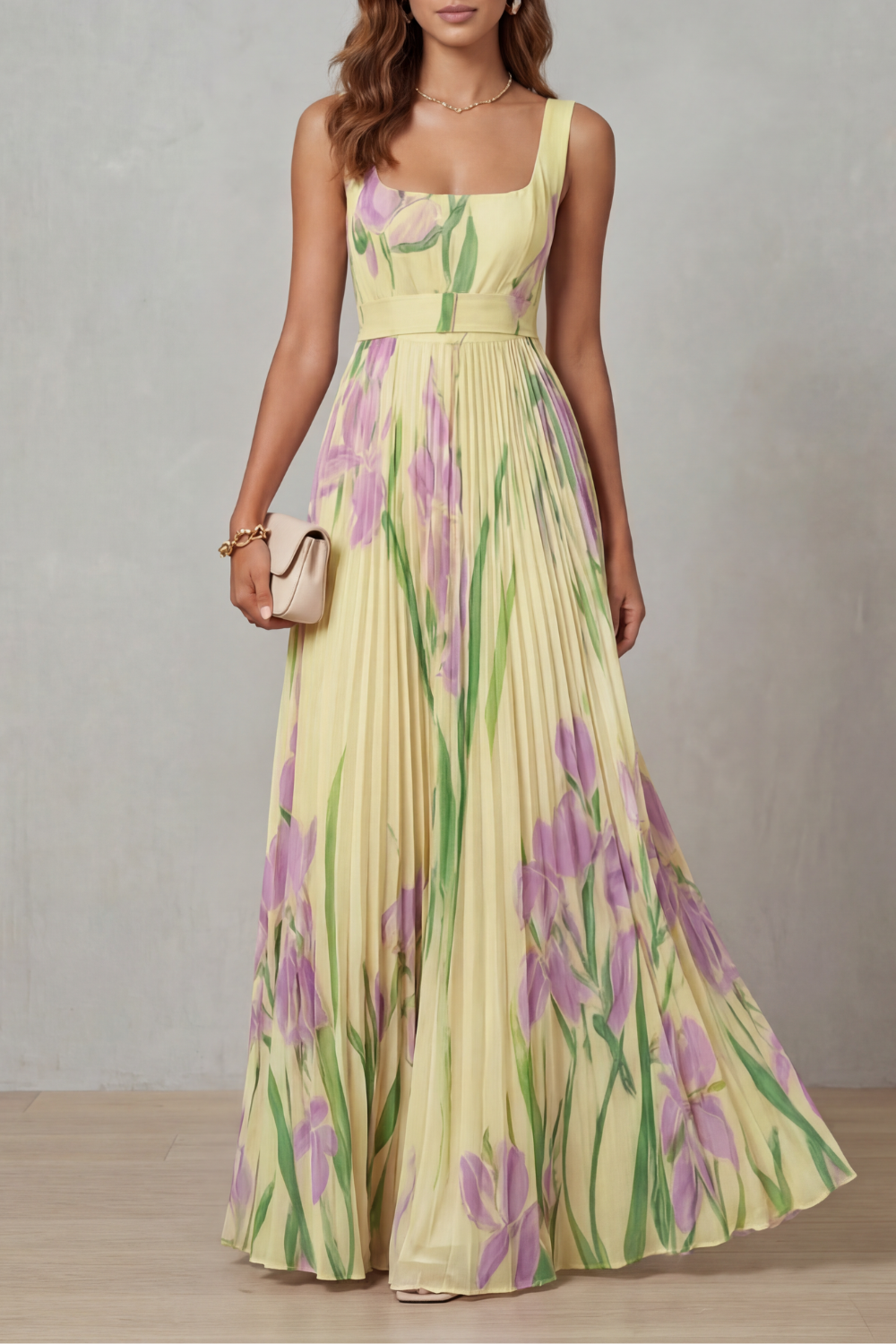 Vivien - Watercolour Floral Pleated Maxi Dress