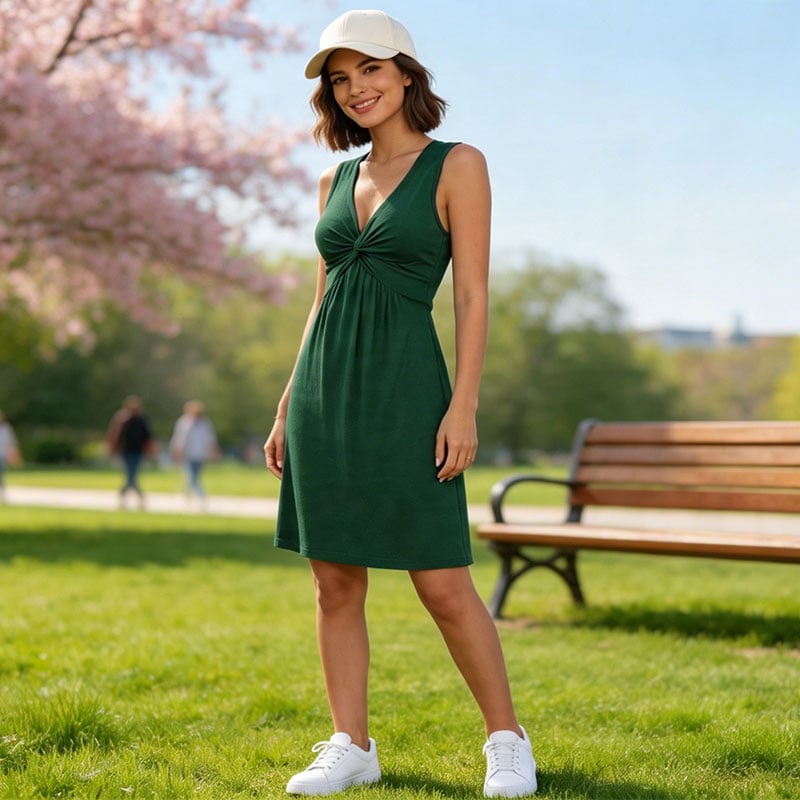 Quenby - Deep V-Neck Knot Waist A-Line Dress