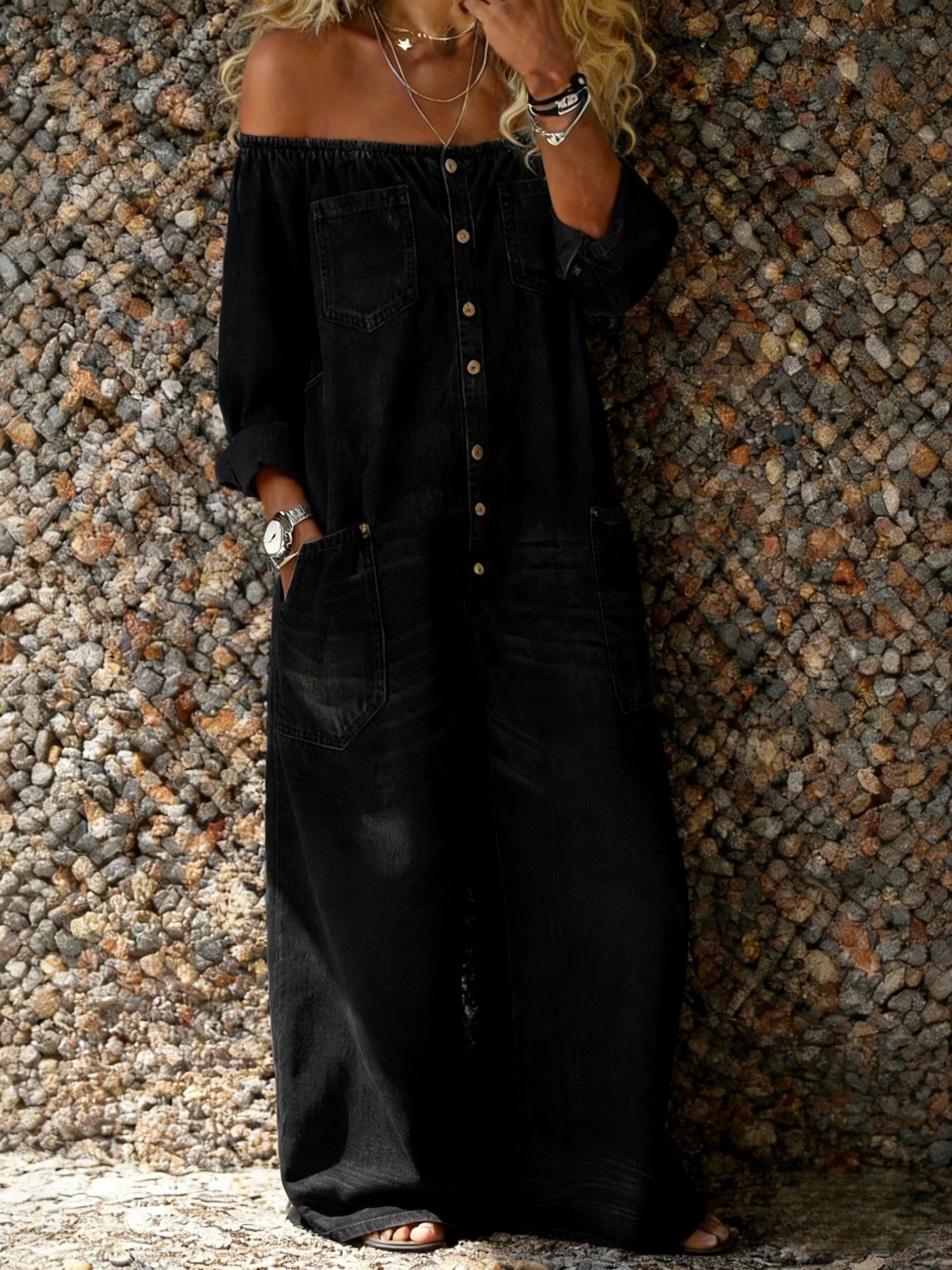 Veda - Off-Shoulder Denim Jumpsuit with Relaxed Fit