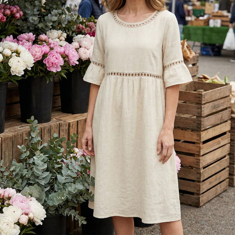 Raeven - Lightweight Midi Dress with Lace Cut-Out Details and Flutter Sleeves