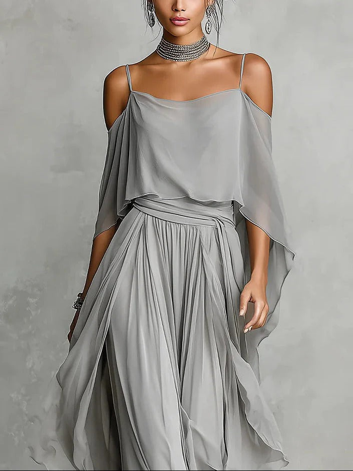 Bella - Off-Shoulder Chiffon Top & Flowy Trouser Set
