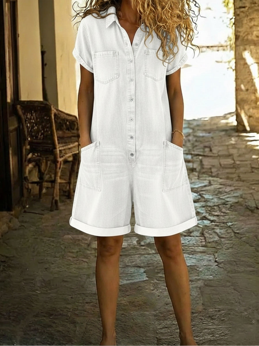 Lila - Casual Cotton Denim Jumpsuit Shorts