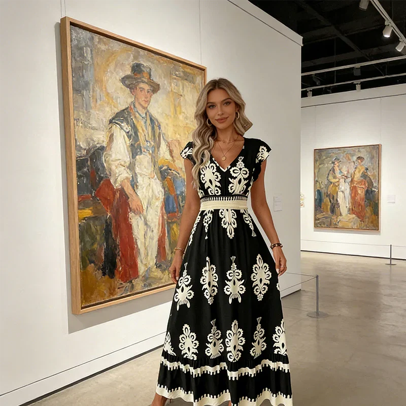 Serenella – Baroque Maxi Dress with V-Neckline